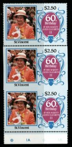 ST.VINCENT SG980imp 1986 $2.50 60th BIRTHDAY OF QEII STRIP OF 3 IMPERF MNH