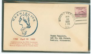 US 727 1933 3c Washington headquarters - Revolutionary War Peace proclamation on an addressed first day cover with an unknown ca