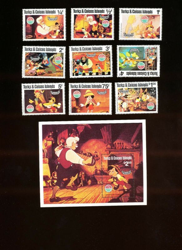 TURKS & CAICOS ISLANDS - Sc 442-451 VFMNH. DISNEY - Pinocchio, Christmas - 1980