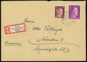 Germany Berlin Registered Cover to Munich 1942 Deutsches Reich WWII