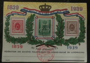 1939 Luxembourg Postcard Cover FDC Philatelic Exhibition 80 Years Of Harmony