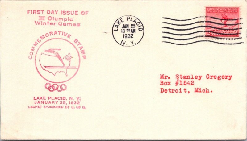 FDC 1932 SC #716 C of C Cachet - Lake Placid, Ny - Single - F71029