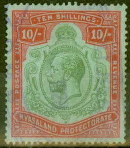 Nyasaland 1927 10s Green & Scarlet-Emerald SG113h Fine Used Fiscal Cancel