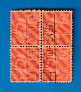 US SCOTT#803 1938 1/2c BLOCK OF [4] WEAR YOUR RED FEATHER PROUDLY CANCEL - USED