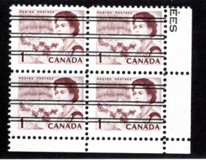 454xxi Scott, 1c brown, LR Block of 4, MNH, F/VF, Centennial Definitives, Canada