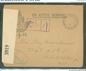 Canada  Army Post Office S.66, 28 Oct. 18, to Philadelphia, PA, USA, censored - opened with tape closure