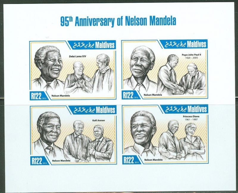 MALDIVE ISLANDS NELSON MANDELA 95TH BIRTH ANNIVERSARY SHEET OF 4 IMPERF