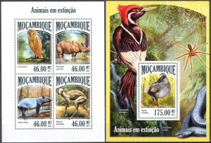 Mozambique 2013 Endangered Species Birds Rhinoceros Sheet + S/S MNH