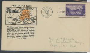 US 800 1937 3c Alaska single on addressed FDC with Colorized Parson's Aubry Cachet