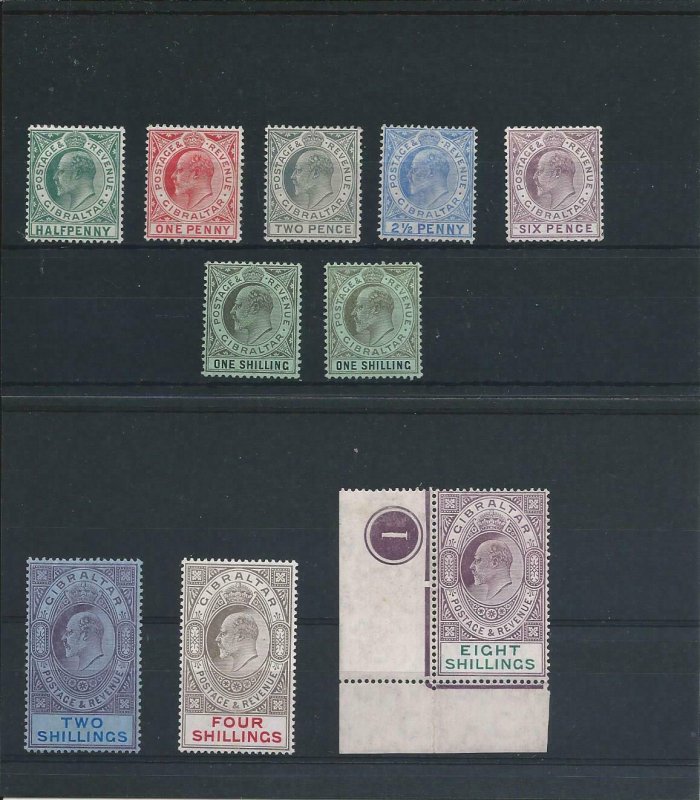 GIBRALTAR 1906-11 SET OF NINE PLUS 1s SHADE MM (8s IS PLATE 1) SG 66/74 CAT £600