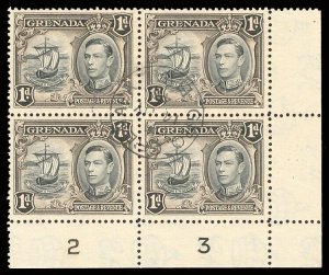 Grenada 1948 KGVI 1d perf 12½ Frame Plate 2 Vignette Plate 3 block VFU. SG 154.