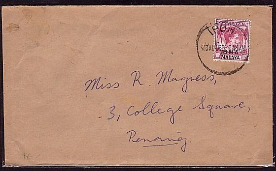 MALAYA PERAK 1950 BMA 10c on cover IPOH to Penang..........................34538