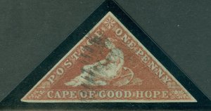 SG 1a Cape of good hope 1853. 1d deep brick red on deeply blued paper. Full...
