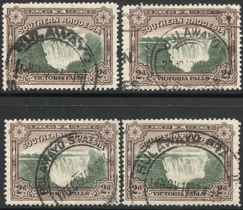 SOUTHERN RHODESIA 1932, Sc 31, 2d Victoria Falls x 4, Different Bulawayo cancels