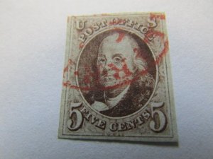 US Stamps, 1847 5c FRANKLIN SCOTT #1 USED VF/XF 4-MARGIN w/A.Miller CERTIFICATE,