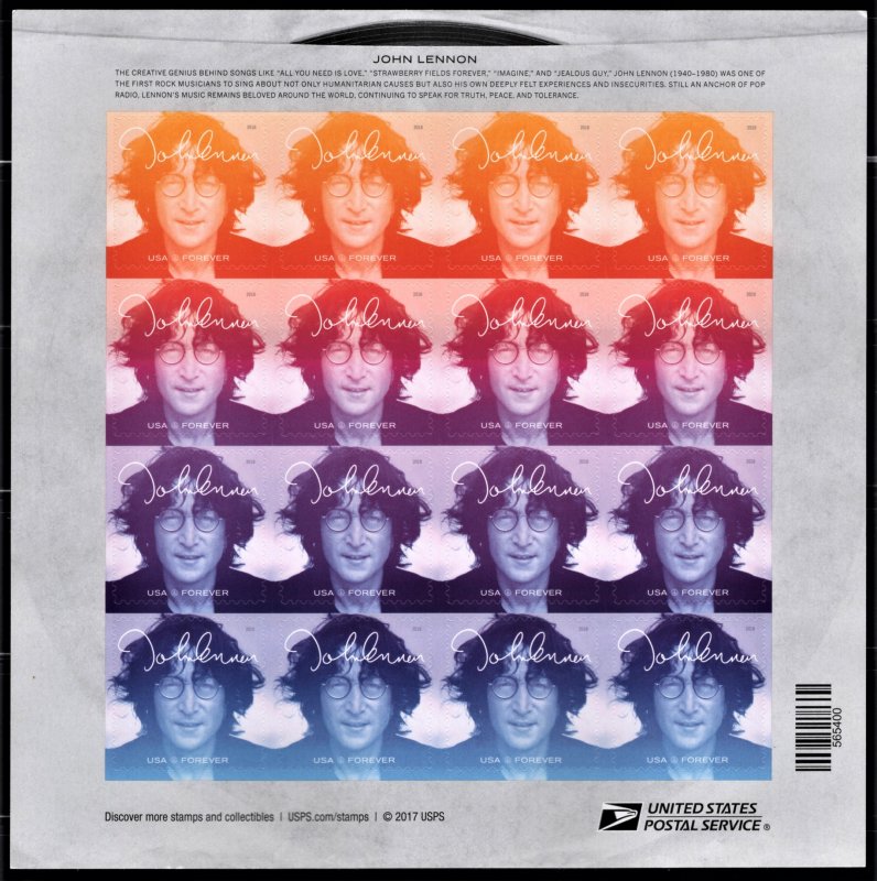 US 5312-5315 MNH VF/XF 55 Cent John Lennon Music Icons Full Sheet of 16