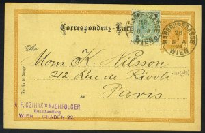 AUSTRIA 1891 UPRATED POSTAL CARD H&G 7H &53 HARRISBURG BASSE TO PARIS