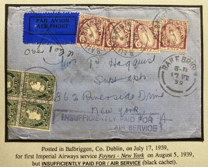 1939 Balbriggen Ireland First Regular Flight Airmail Cover To New York Usa