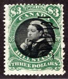 FB54, van Dam, $3, green + black centre, Canada Third Issue Federal Bill Stamp