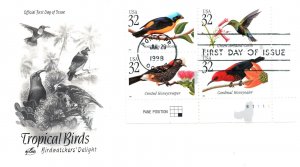 US FIRST DAY COVERS TROPICAL BIRDS - SET OF 3 DIFFERENT CACHETS INCL. BLOCK OF 4