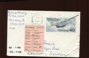 UXC25 USED AIRMAIL POSTAL CARD TO BERLIN GERMANY WITH 'RETOUR' MARK