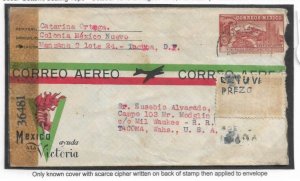 Mexico to Tacoma, Wa 194x A/M, Cens. Hidden Message on Back of Stamp (C5154)