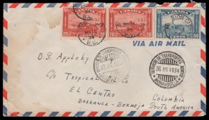 1934 Mission City, BC 90c double airmail rate to Barranca Bemeja Colombia. 