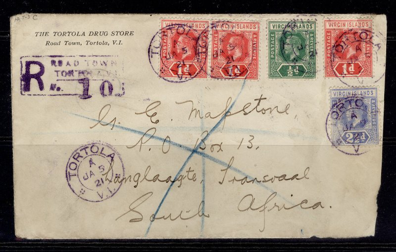 BRITISH VIRGIN ISLANDS GV SG69 + 70 + 72, 1921 Registered COVER ROADTOWN to SA.