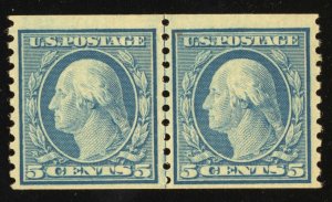 US Scott 458 Mint LH OG 5c Coil Line Pair Deep Blue 1916 LotT642 bhmstamps