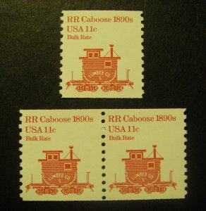 Transportation Coils, Scott 1905a, 11c RR Caboose, no tag, Pair & single, MNH