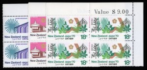 New Zealand #459-461 Cat$12+, 1970 Expo 70, complete set in corner margin blo...