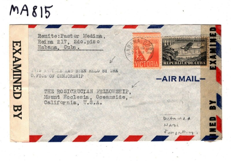 Caribbean USA CENSOR DETAINED WW2 Cover California *Suspected Nazi* 1942 MA815