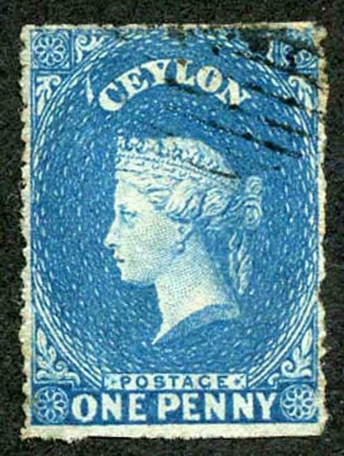 Ceylon SG28 1d Dull Blue Wmk Star Rough Perf 14 to 15.5 Cat 13 pounds