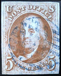 US Scott #1c - 5c Red Orange - Used - 4 Margin - 1847 with PF and PSAG Cert