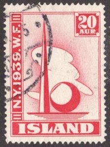 1939 Iceland Island Sc#213 - 20 Aur  New York World's Fair. Used stamp Cv$7.75