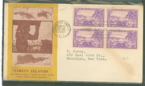 US 802 1937 3c virgin islands, part of the possesion series, block of 4 on an addressed, typed fdc with a cachet by an unknown p