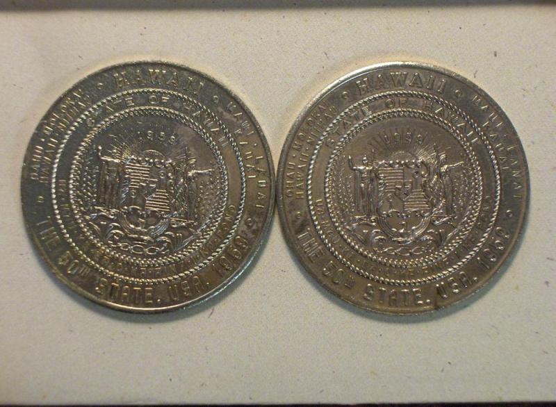 Two 1959 Hawaii 50th Statehood Souvenir Coins 1 'OHAU' Error