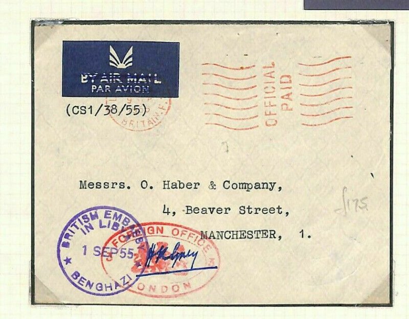 BOIC LIBYA Cover EMBASSY Forwarded *DIPLOMATIC BAG* 1955 Manchester RARE MS3910