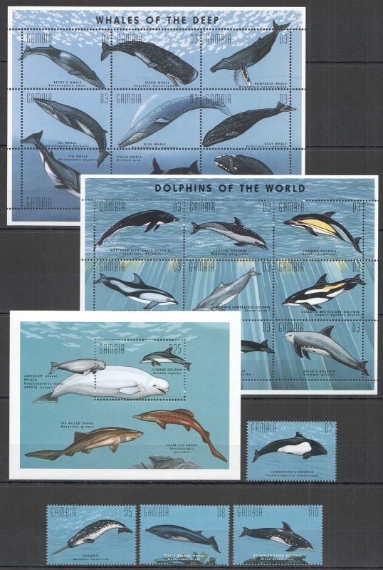 A1344 Gambia Fauna Marine Life Whales & Dolphins Of The World 2Kb+Bl+Set Mnh