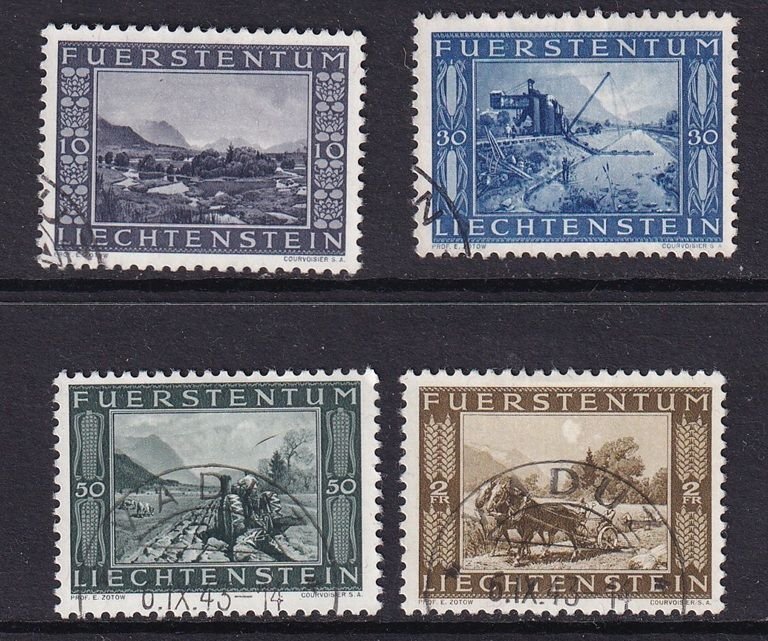 Liechtenstein  #192-195  used  1943  reclaiming land / draining canal