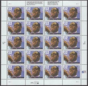 Louis B. Armstrong Sheet of Twenty 32 Cent Postage Stamps Scott 2982