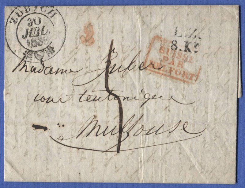 SWITZERLAND 1838 Stampless Cover, Zurich > France, L.Z./8.Kr., Suiss par Belfort