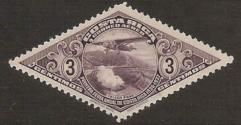 Costa Rica #C30 Air Mail Stamp 1937 3c. Airplane over Poas Volcano Mint
