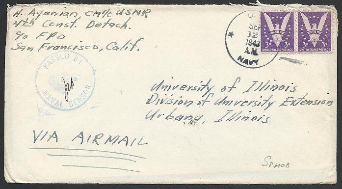 US SAMOA 1943 cover ex 4th Construction Detachment, paid 6c airmail........50414