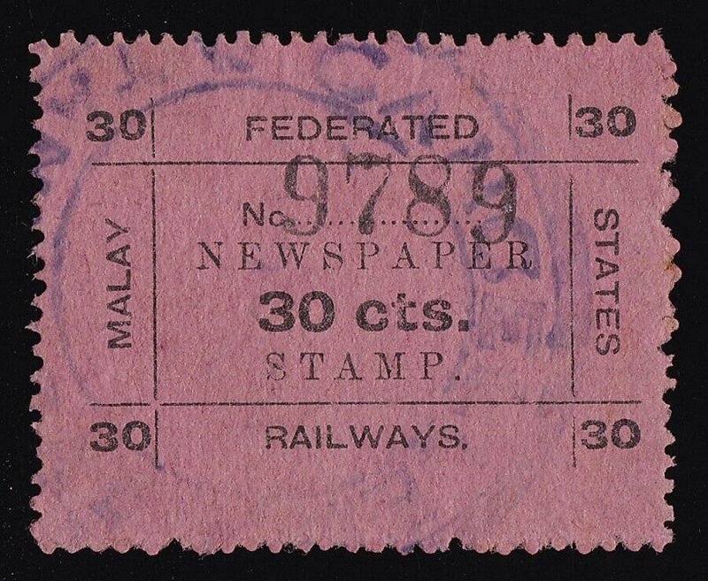 FEDERATED MALAY STATES 1918 Railways Newspaper stamp 30c VERY RARE! 