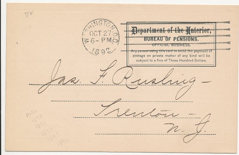 1892 Washington DC Machine Cancel on Dept of the Interior Pension Claim Receipt