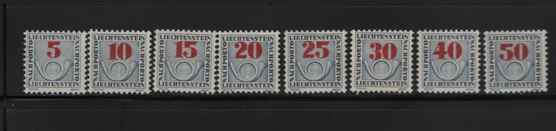 LIECHTENSTEIN J21-J28 (8) Set, Hinged, 1940 Post Horn Postage Due Stamps