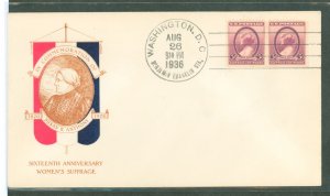 US 784 1936 3c Sixteenth Anniversary Of Women's Suffrage, Susan B. Anthony pair on an unaddressed FDC with a Plimpton Ca...