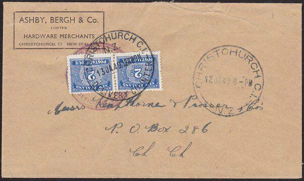 NEW ZEALAND 1949 local Christchurch cover taxed, 2d(2) postage due added....1888