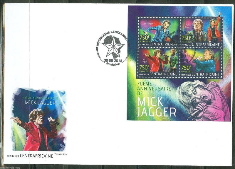 CENTRAL AFRICA  2013 70th  BIRTH  ANNIVERSARY OF MICK JAGGER SHEET  FDC